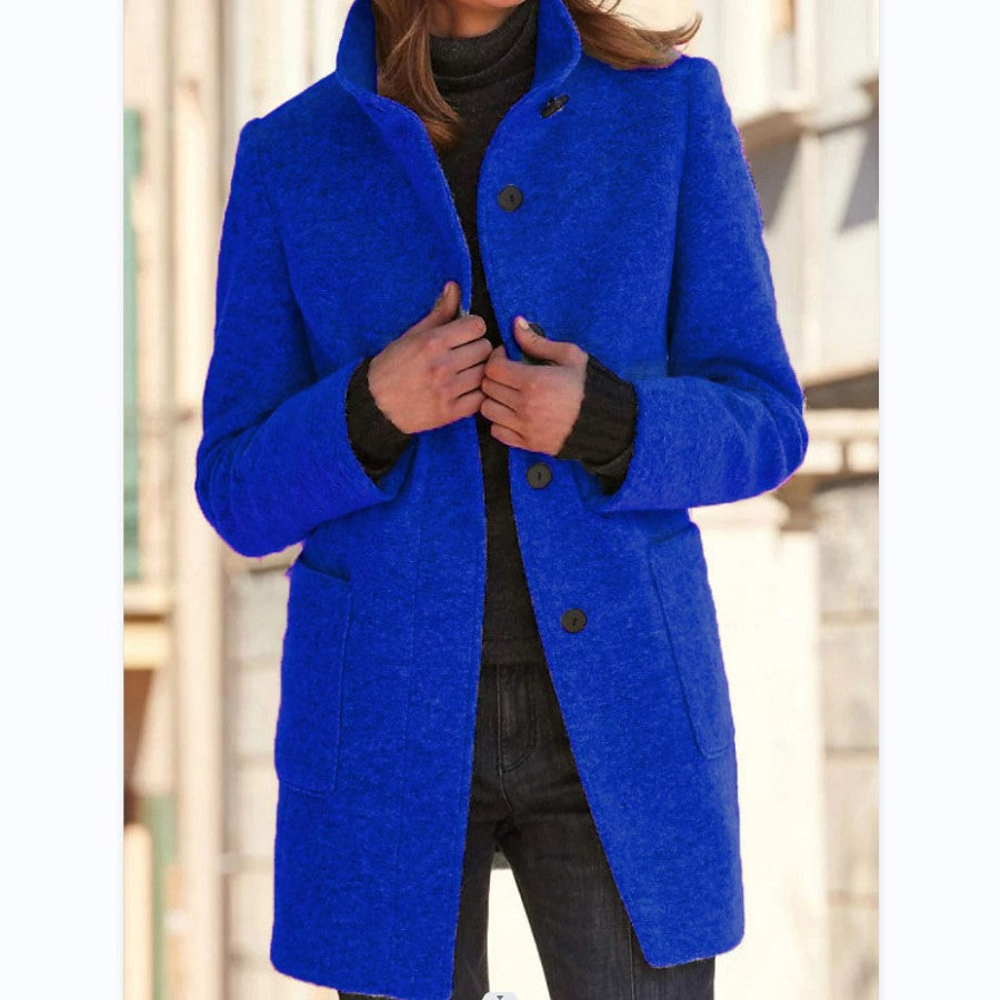 Fashion Stand Collar Woolen Coat With Pockets Fall Winter Casual Button Outwear For Women Clothing 3