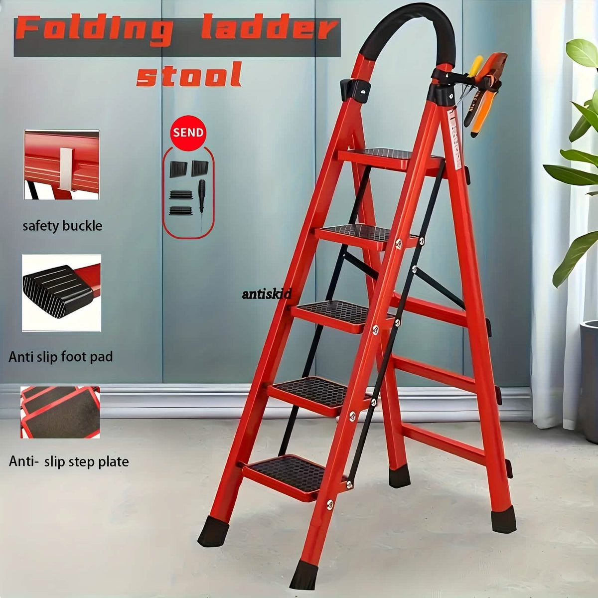 Folding 3/4-Step Ladder – Portable Steel Step Stool, Anti-Slip 4