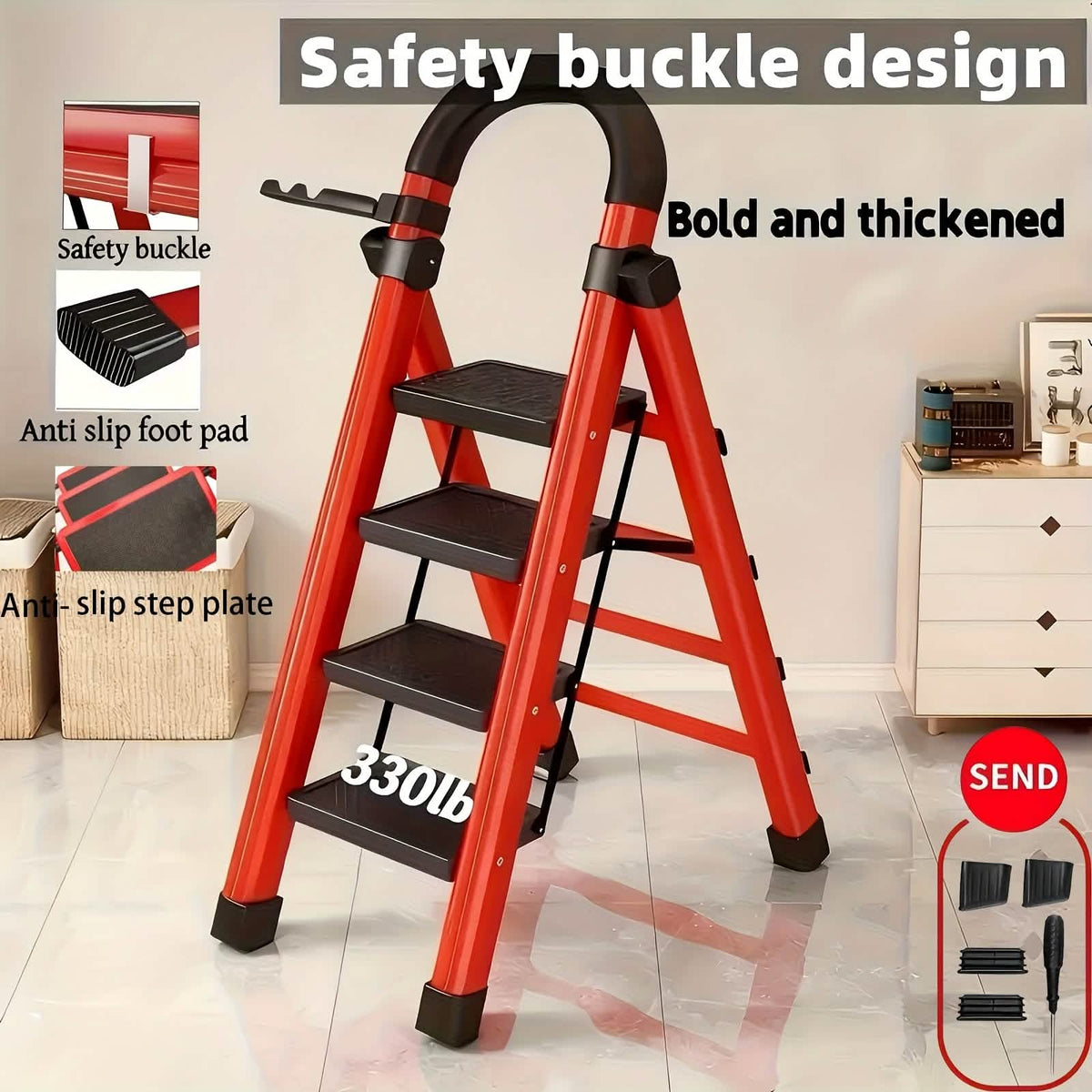 Folding 3/4-Step Ladder – Portable Steel Step Stool, Anti-Slip 7