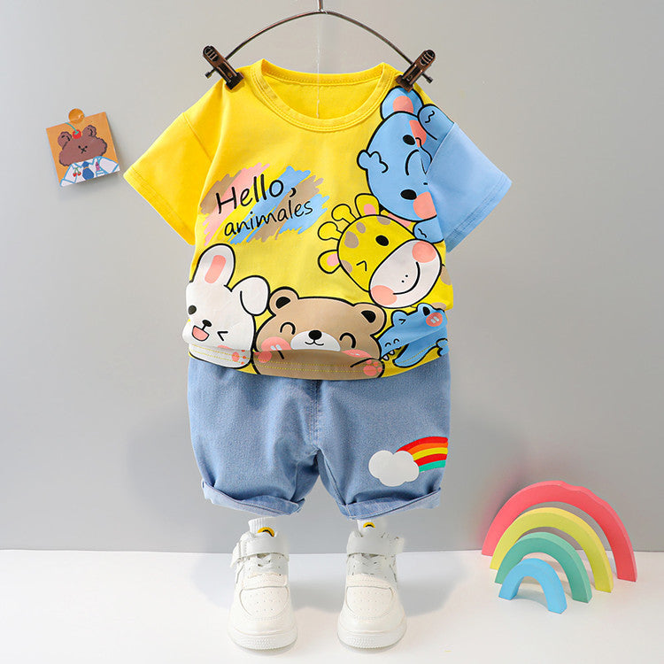 Boys And Girls Short-sleeved Denim Five-point Pants Two-piece Cute Pants Suit Cotton Short-sleeved 1