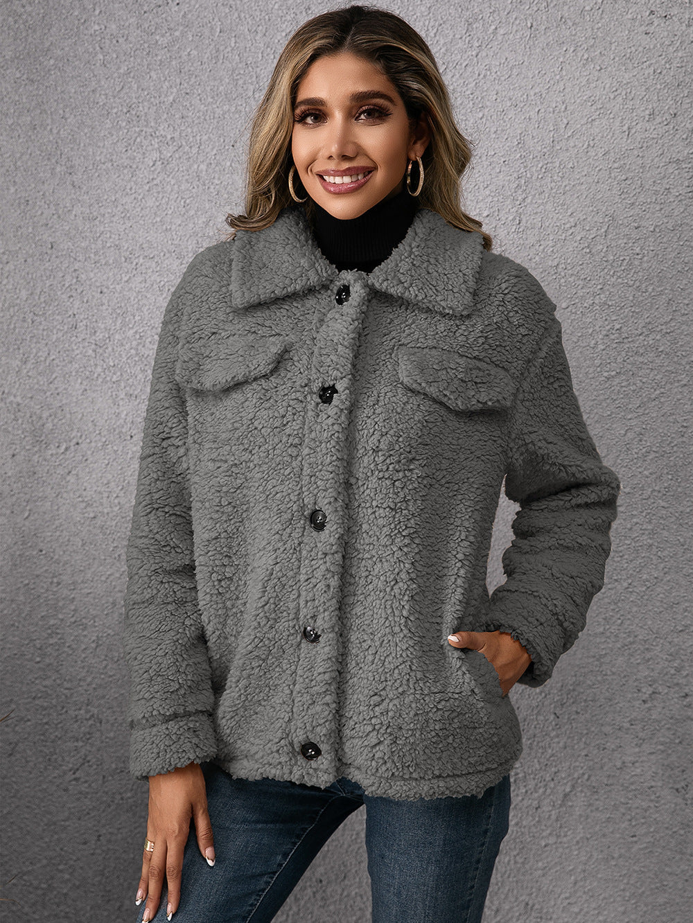 Lapel Single-breasted Fleece Coat Winter Warm Button Pocket Short Jacket Top Women Clothing 5