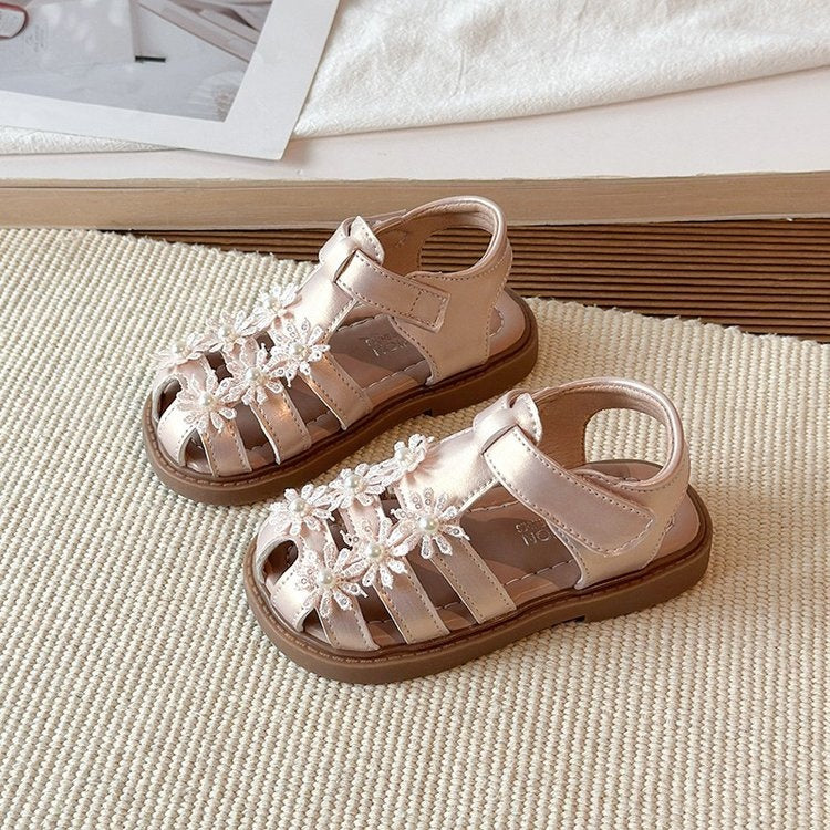 2026 Summer New Girls Closed-Toe Sandals, Toddler & Little Kids Pearl Floral Princess Shoes, Soft Sole Beach Shoes For Baby Girls 3