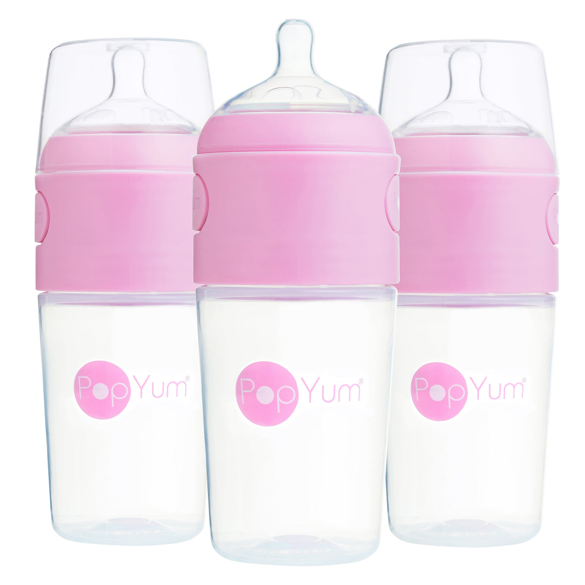PopYum 9oz Anti-Colic Baby Bottle for Breast and Formula Feeding, 3-Pack, Pink, #2 Medium Flow Nipples 1