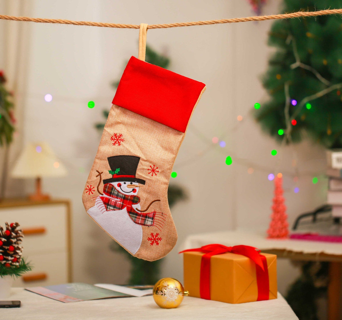 Christmas Decoration Linen Red Bordered Old Man Snowman Christmas Socks Christmas Gift Bag Candy Socks 4