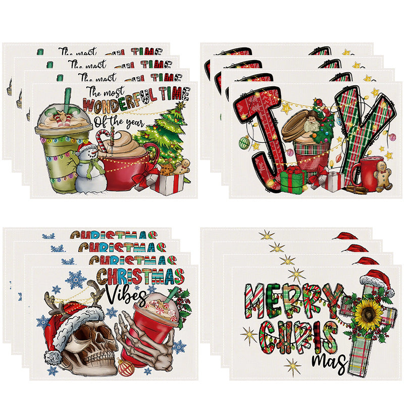 Skull Milk Tea Cup Printed Meal Mat Christmas Snowflake Letter Linen Table Mat Holiday Table Decoration Insulation Mat 1