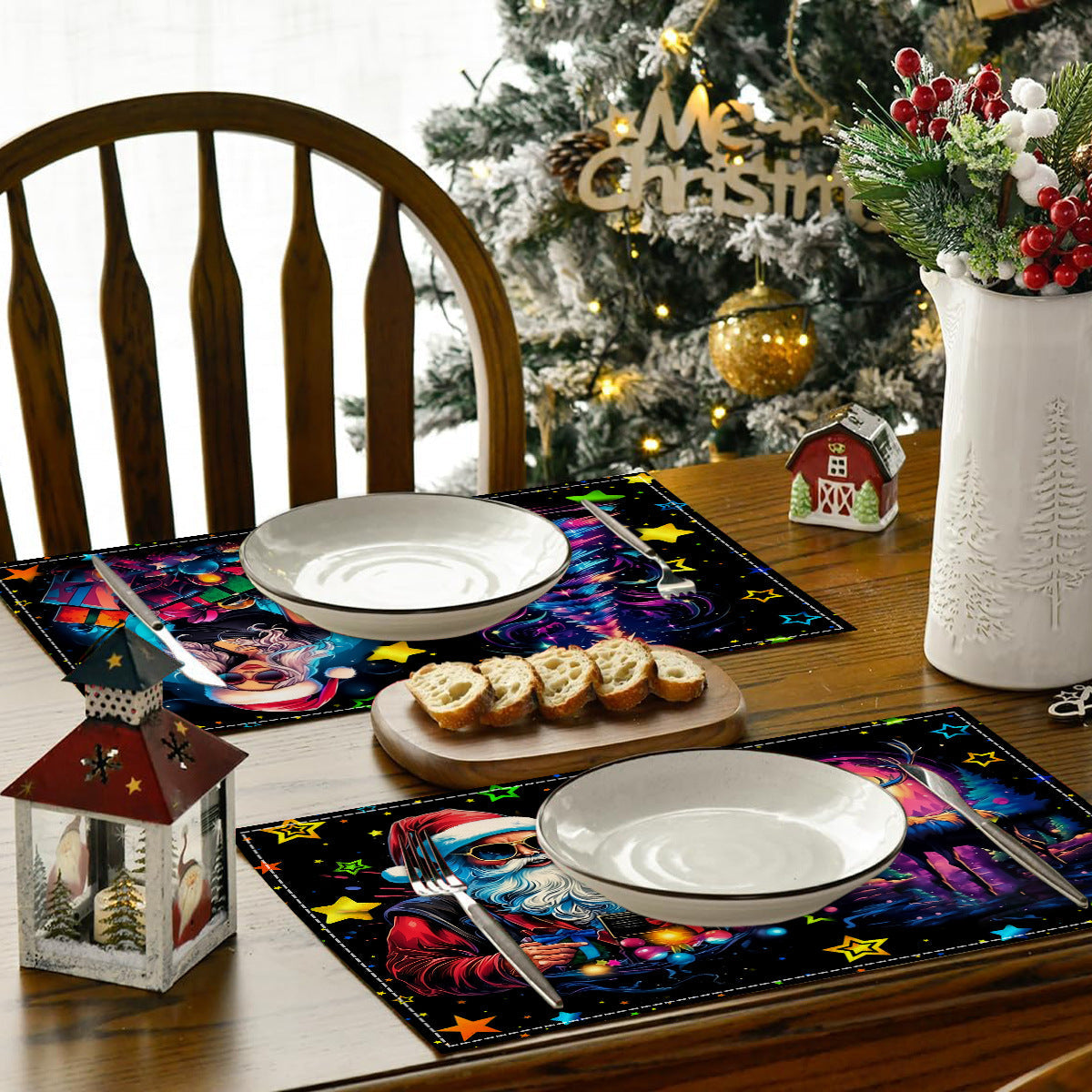 Christmas table mat with white linen starry sky and Santa Claus print 2