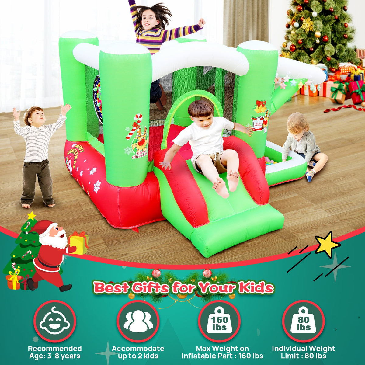 Christmas Jump 'n Slide Inflatable Bouncer for Kids Complete Setup with Blower - 80" x 91" Play Area - 55" Tall 5