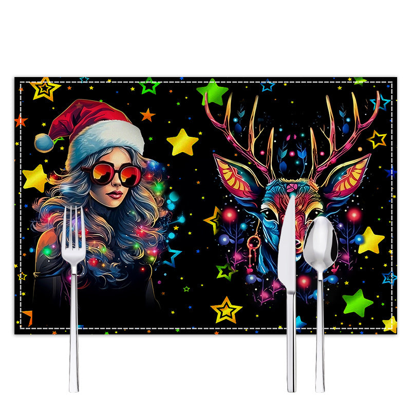 Christmas table mat with white linen starry sky and Santa Claus print 7