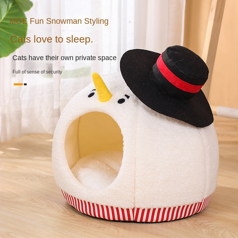 Cat Nest: Semi enclosed Cat House for All Seasons, Cute Christmas Snowman Cat Nest, Winter Warmth Pet Supplies 3