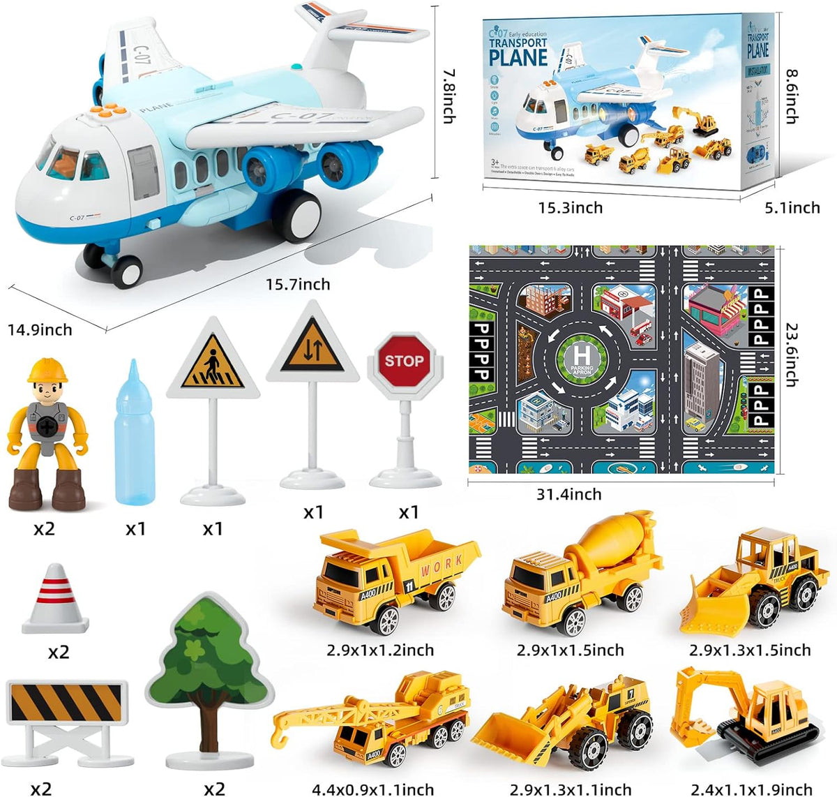 Sky Explorer Cargo Airplane Adventure with Lights, Sounds & Construction Vehicle Play Set 3