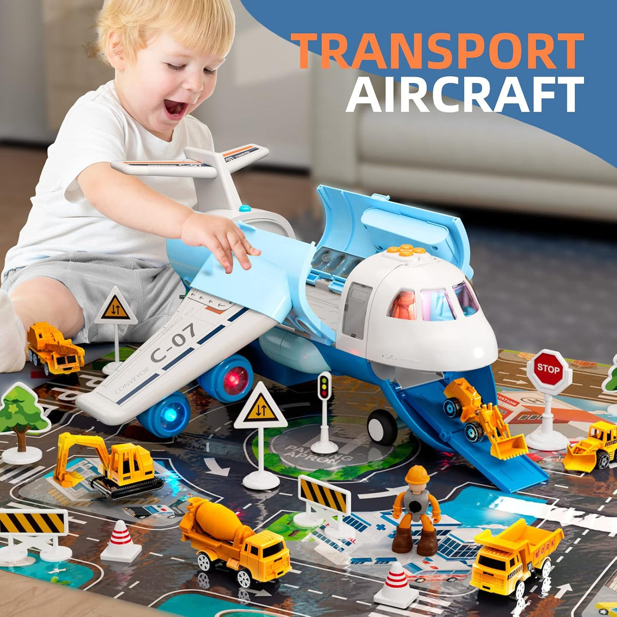 Sky Explorer Cargo Airplane Adventure with Lights, Sounds & Construction Vehicle Play Set 4