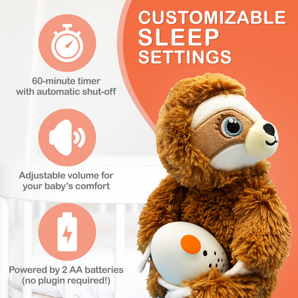 Baby Shusher Sloth – Plush Sound Machine with Real Shushing Sound & Smart Cry Detection 3