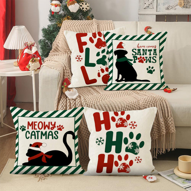 Christmas striped pillow cover linen black cat print pillowcase home holiday decoration cushion cover 3
