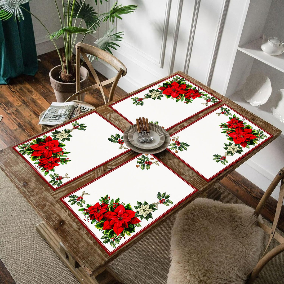 Christmas Red Flower Meal Mat Flower Pinecone Printed Table Mat Holiday Table Insulation Mat 2