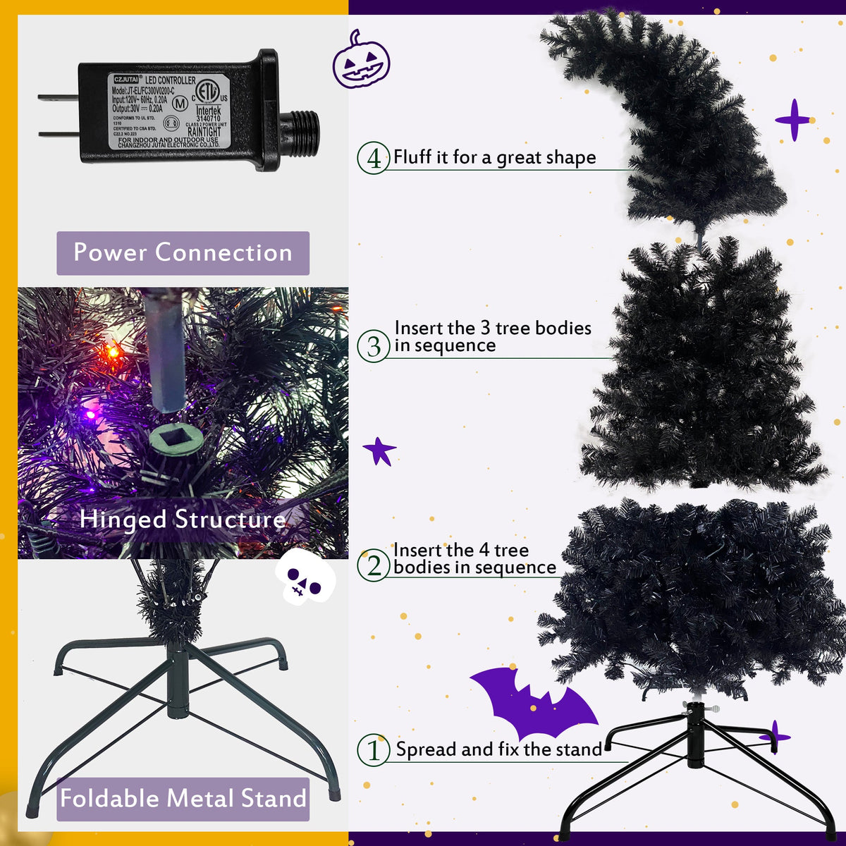 6FT artificial fir curved top Halloween tree, with 1080 lush branch tips and 300 LED lights in a Christmas and Halloween style 8