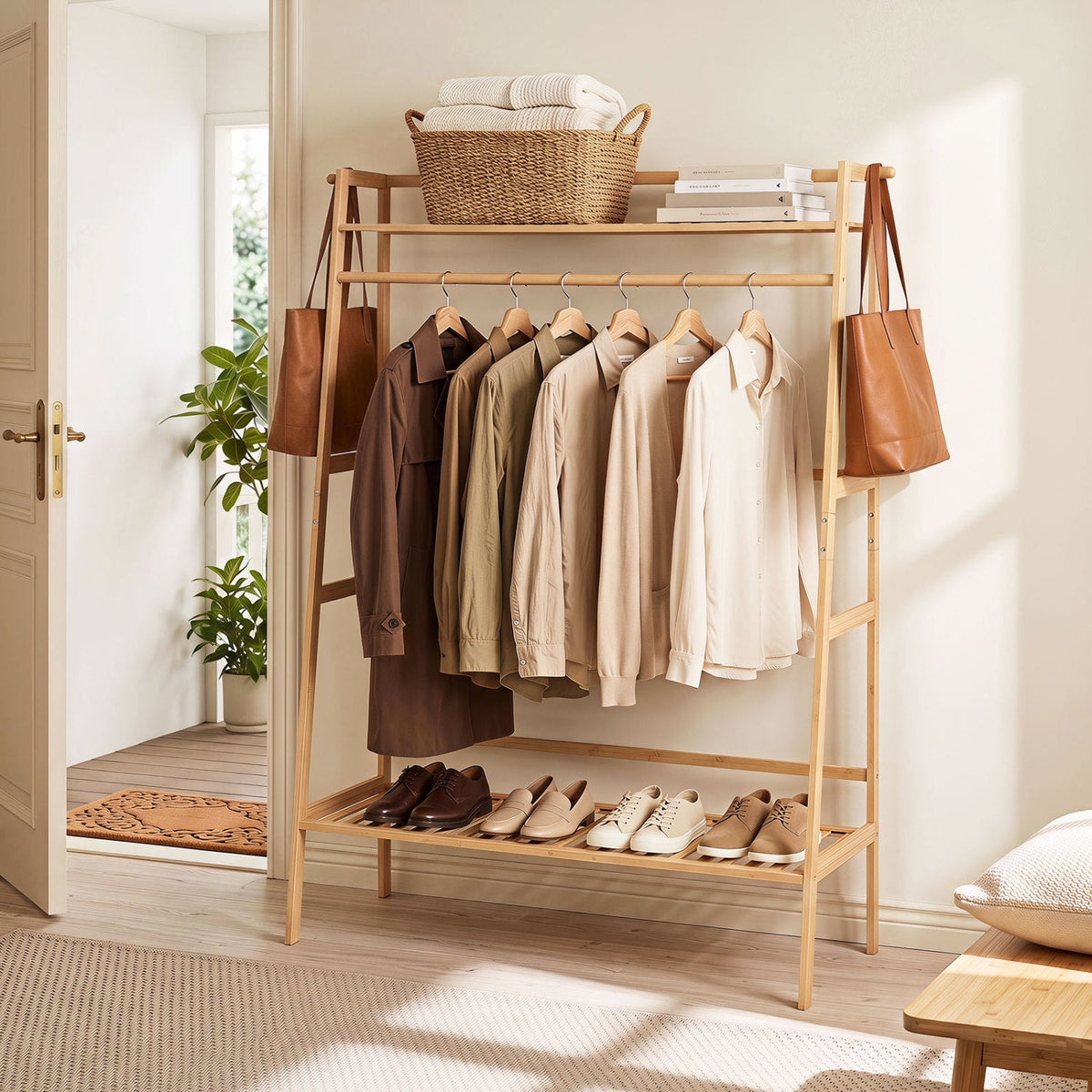 Bamboo Garment Rack with Shelves and Hanging Rod 1