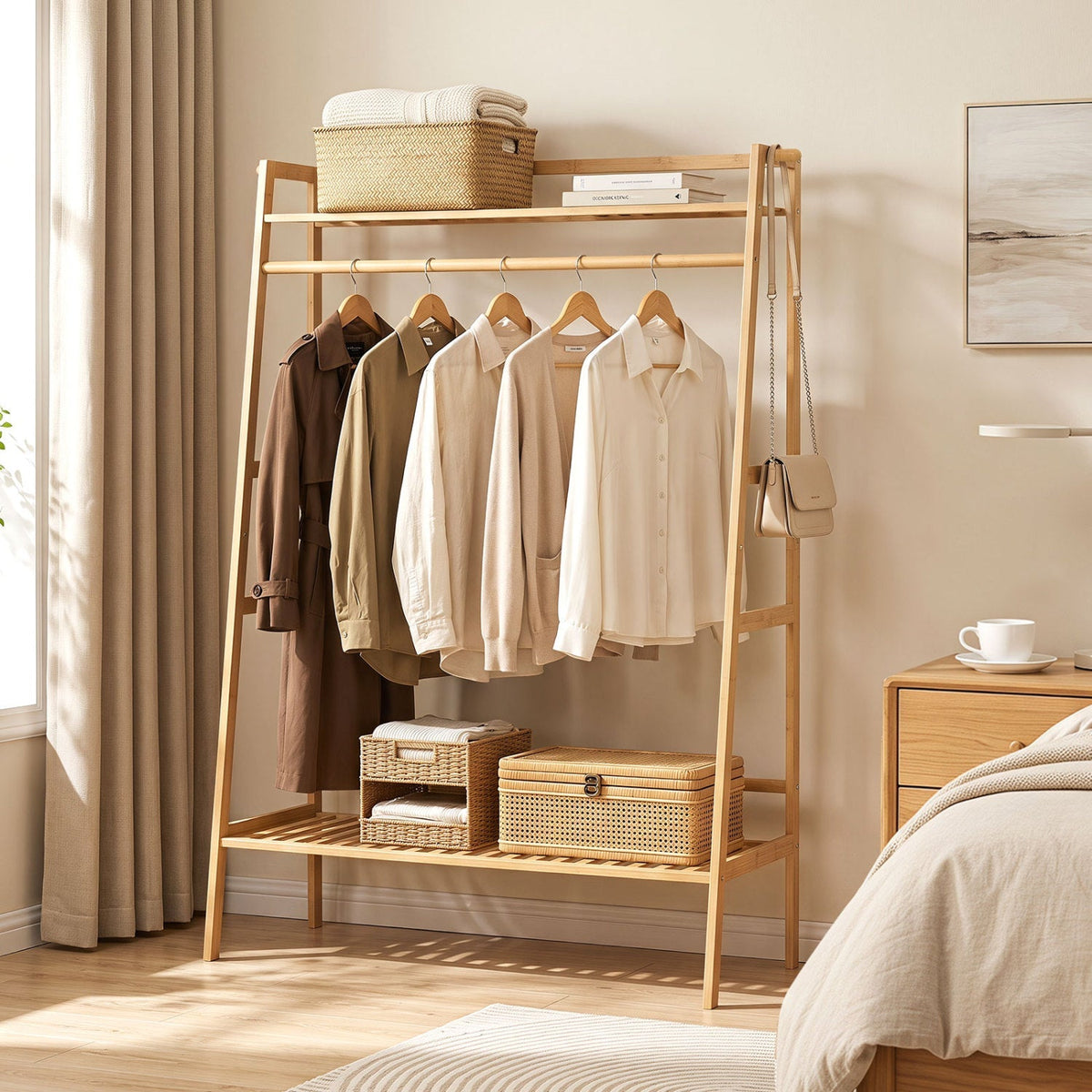 Bamboo Garment Rack with Shelves and Hanging Rod 2