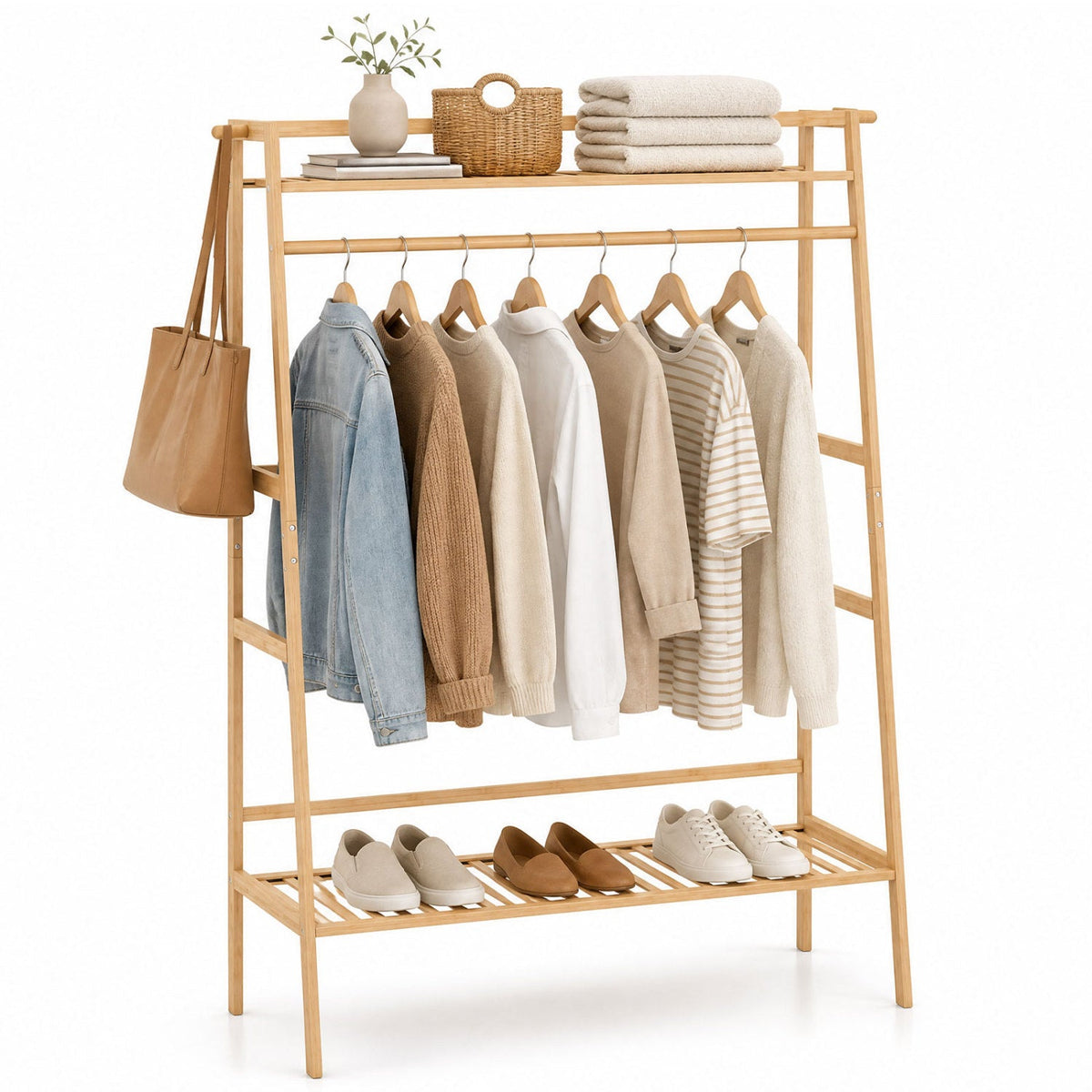 Bamboo Garment Rack with Shelves and Hanging Rod 3