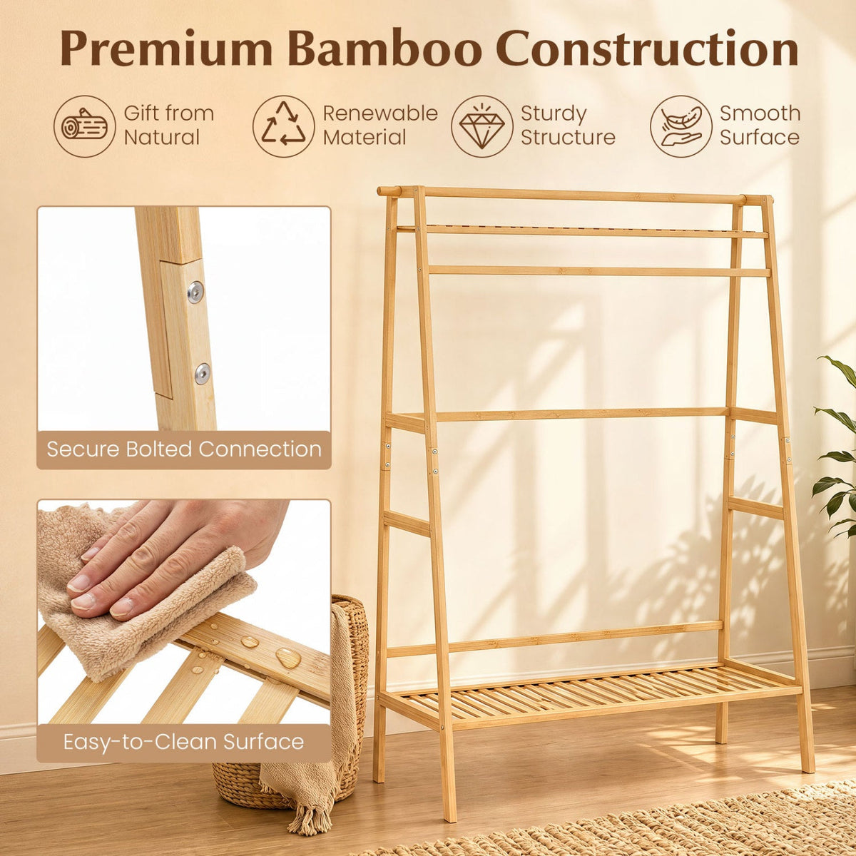 Bamboo Garment Rack with Shelves and Hanging Rod 7