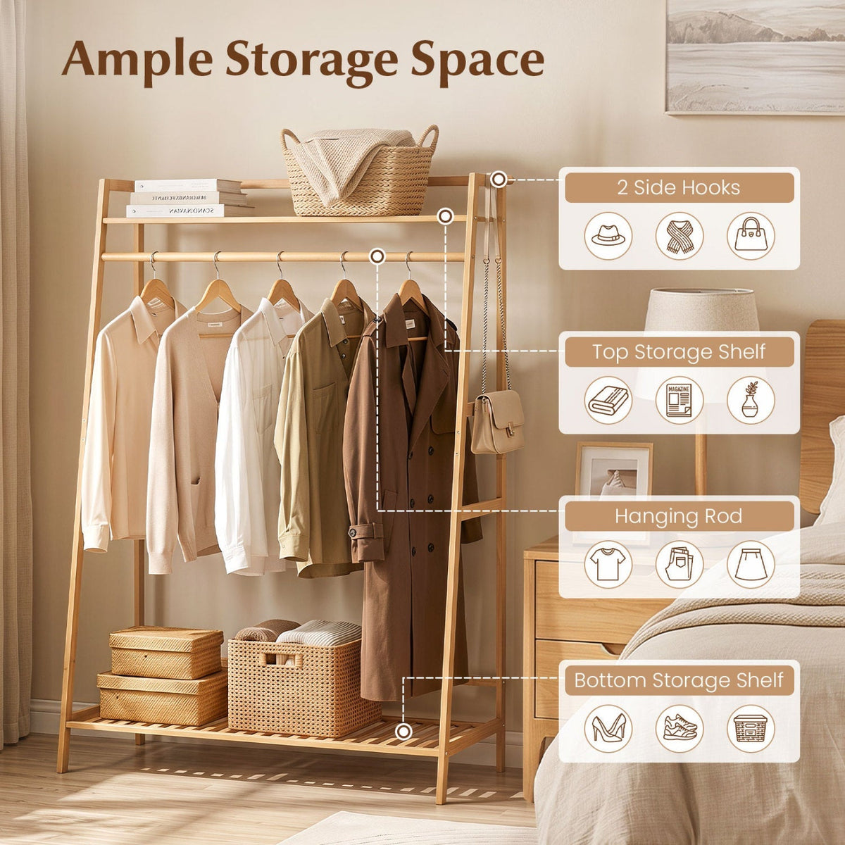 Bamboo Garment Rack with Shelves and Hanging Rod 8