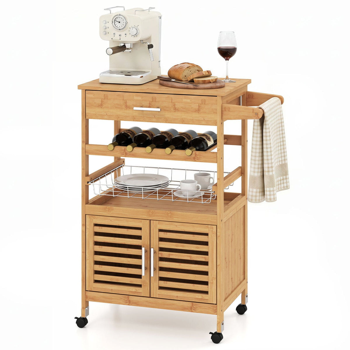 Rolling Kitchen Island Cart with Wine Rack and Storage 4