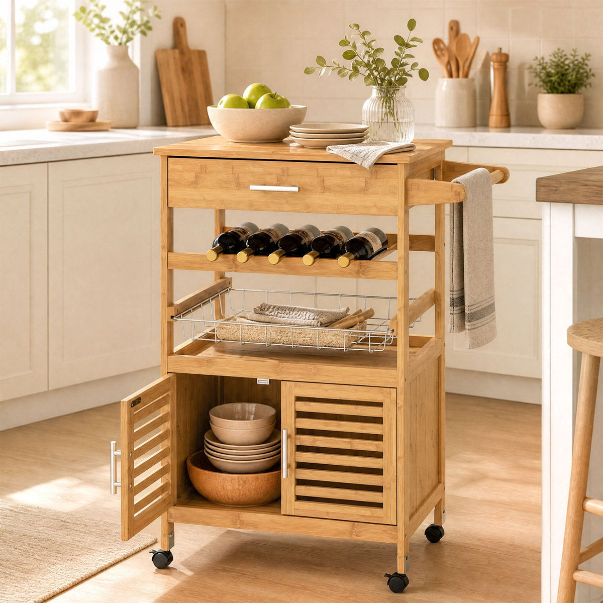 Rolling Kitchen Island Cart with Wine Rack and Storage 6
