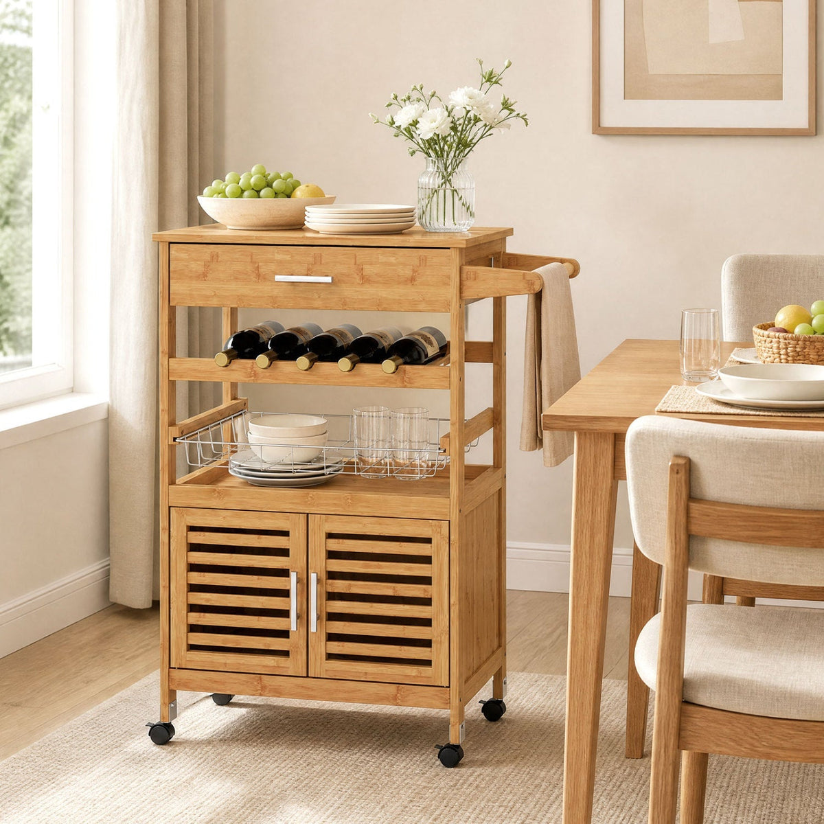 Rolling Kitchen Island Cart with Wine Rack and Storage 7