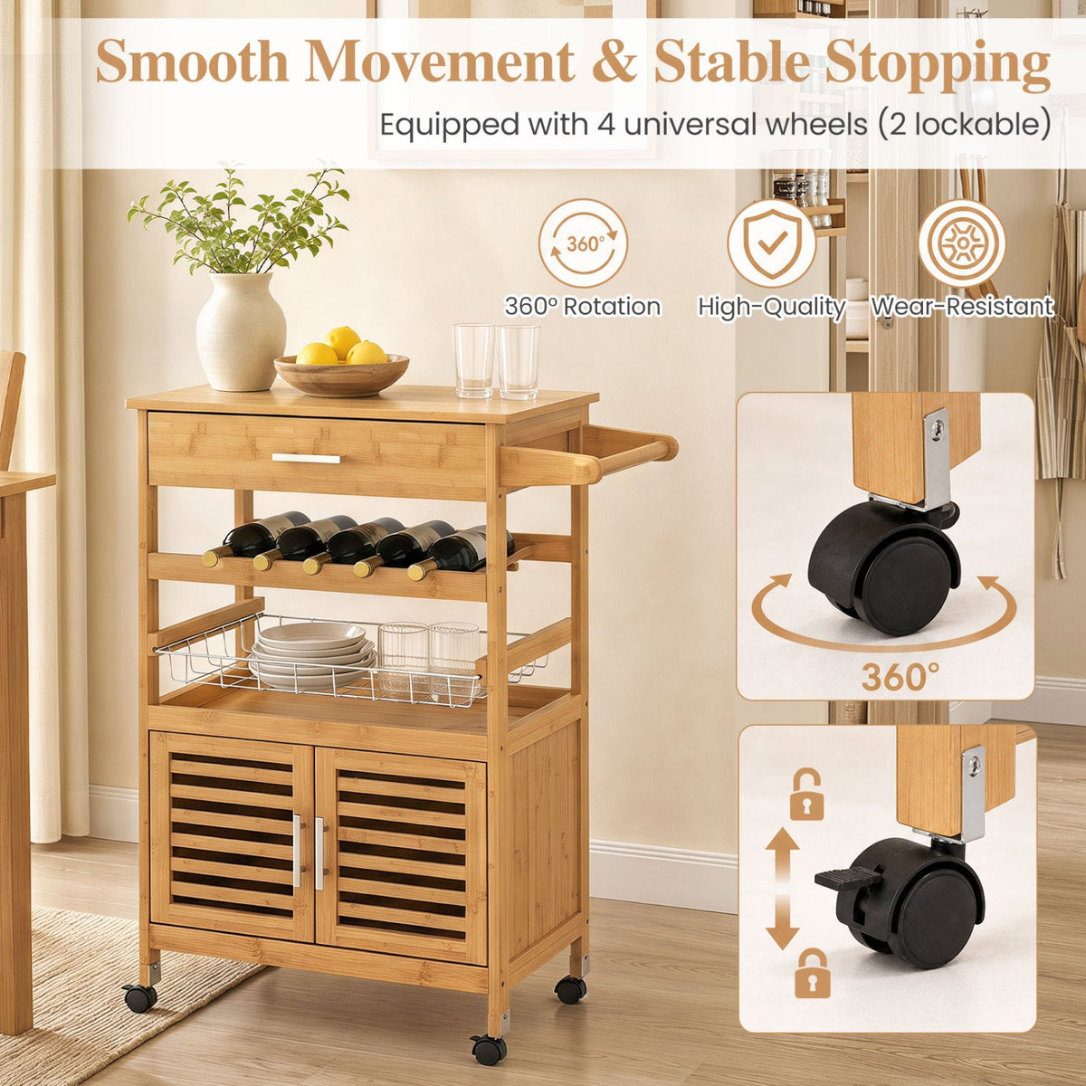Rolling Kitchen Island Cart with Wine Rack and Storage 8