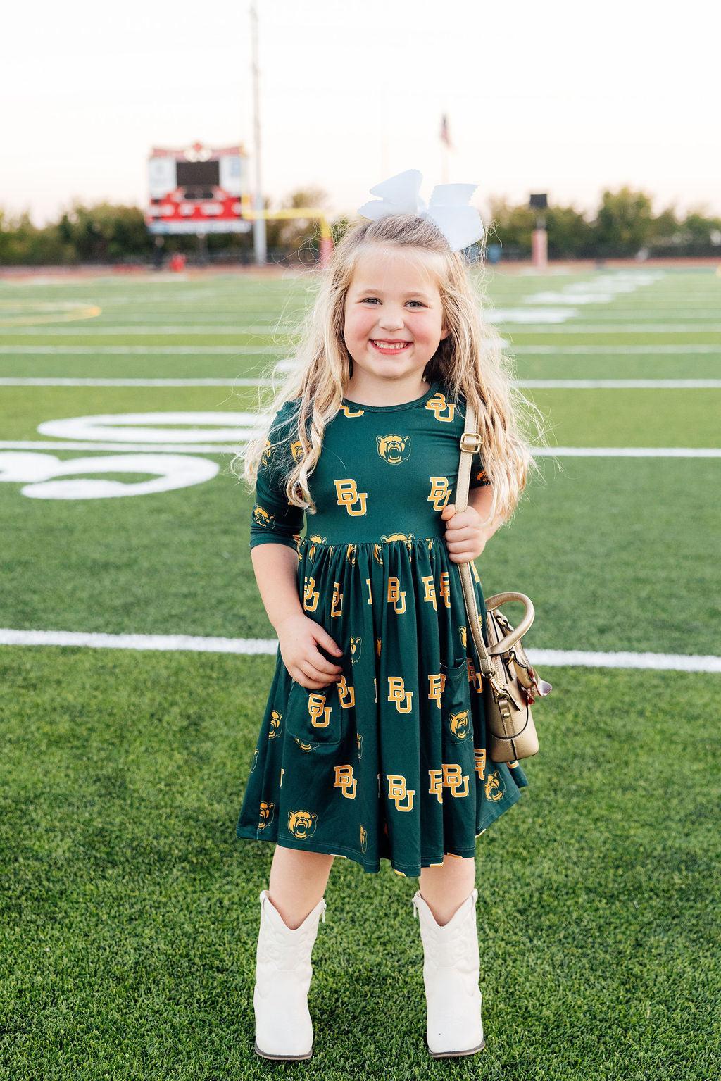 Baylor Green Bear 3/4 Sleeve Pocket Twirl Dress 2