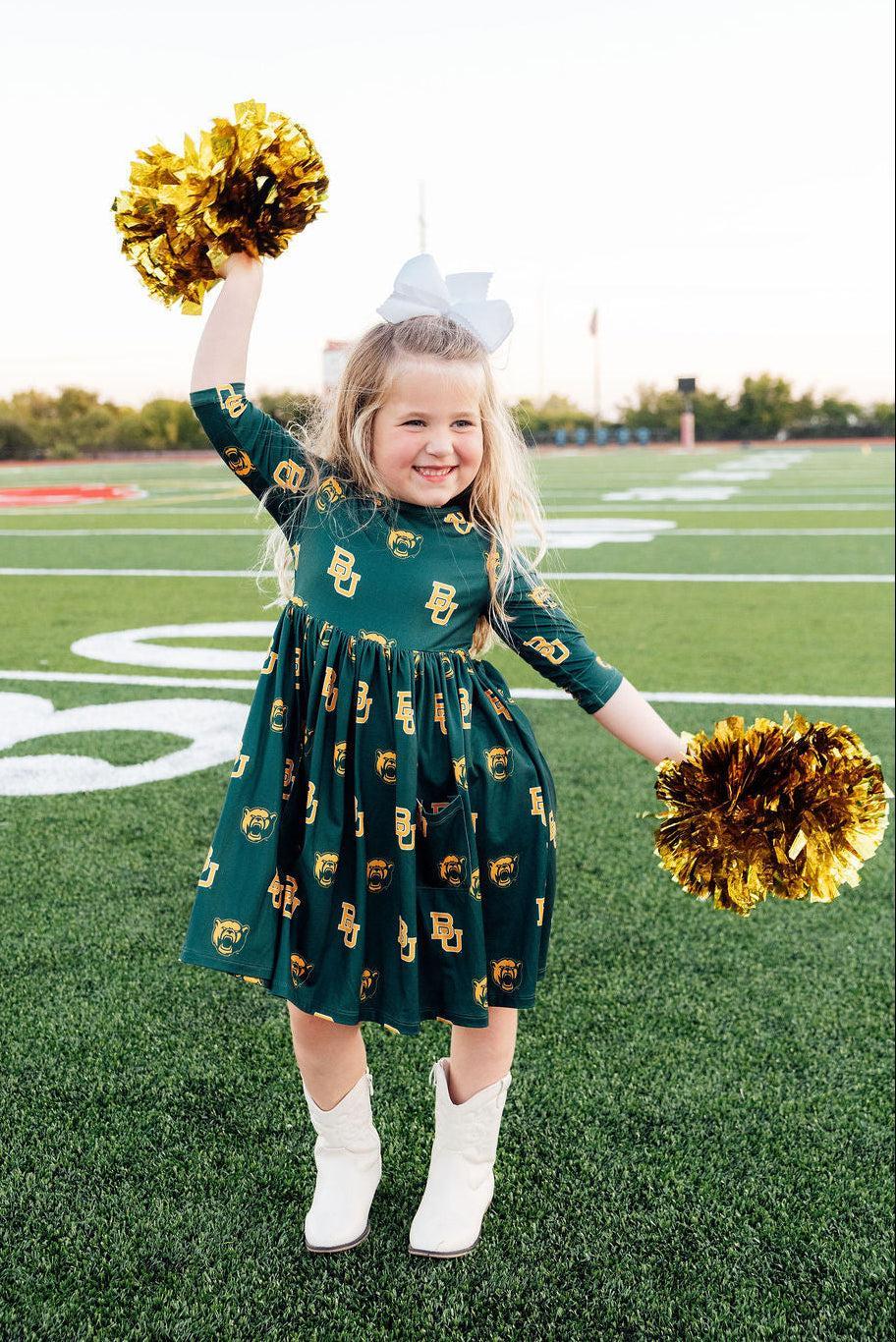 Baylor Green Bear 3/4 Sleeve Pocket Twirl Dress 3