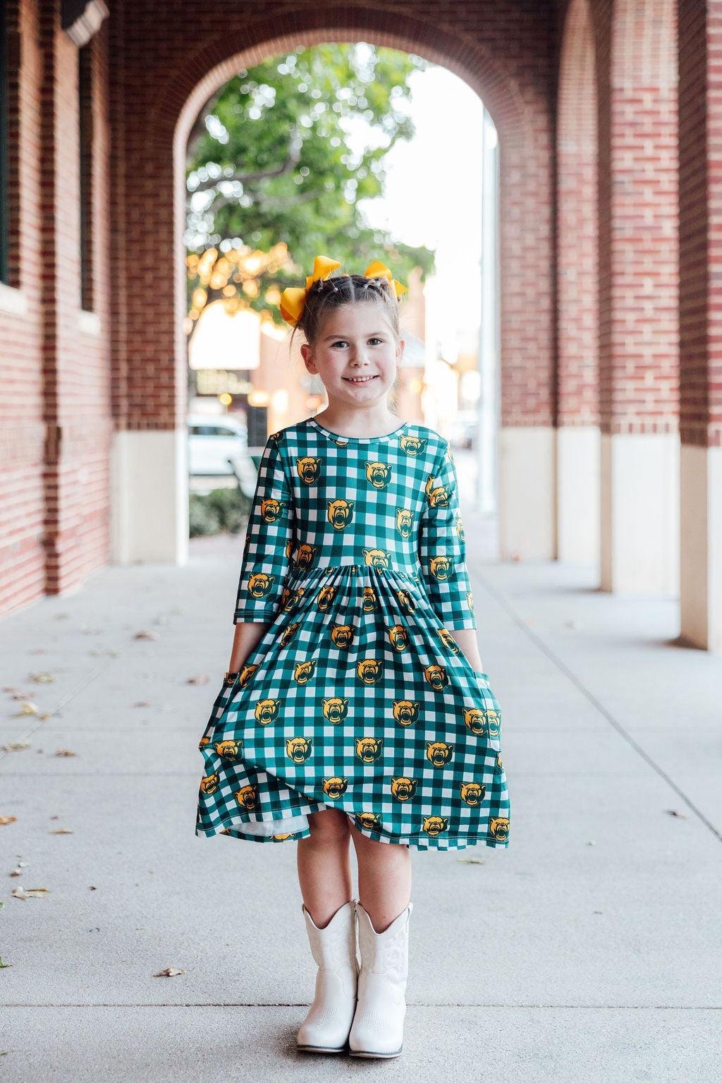 Baylor Plaid Bear 3/4 Sleeve Pocket Twirl Dress 2