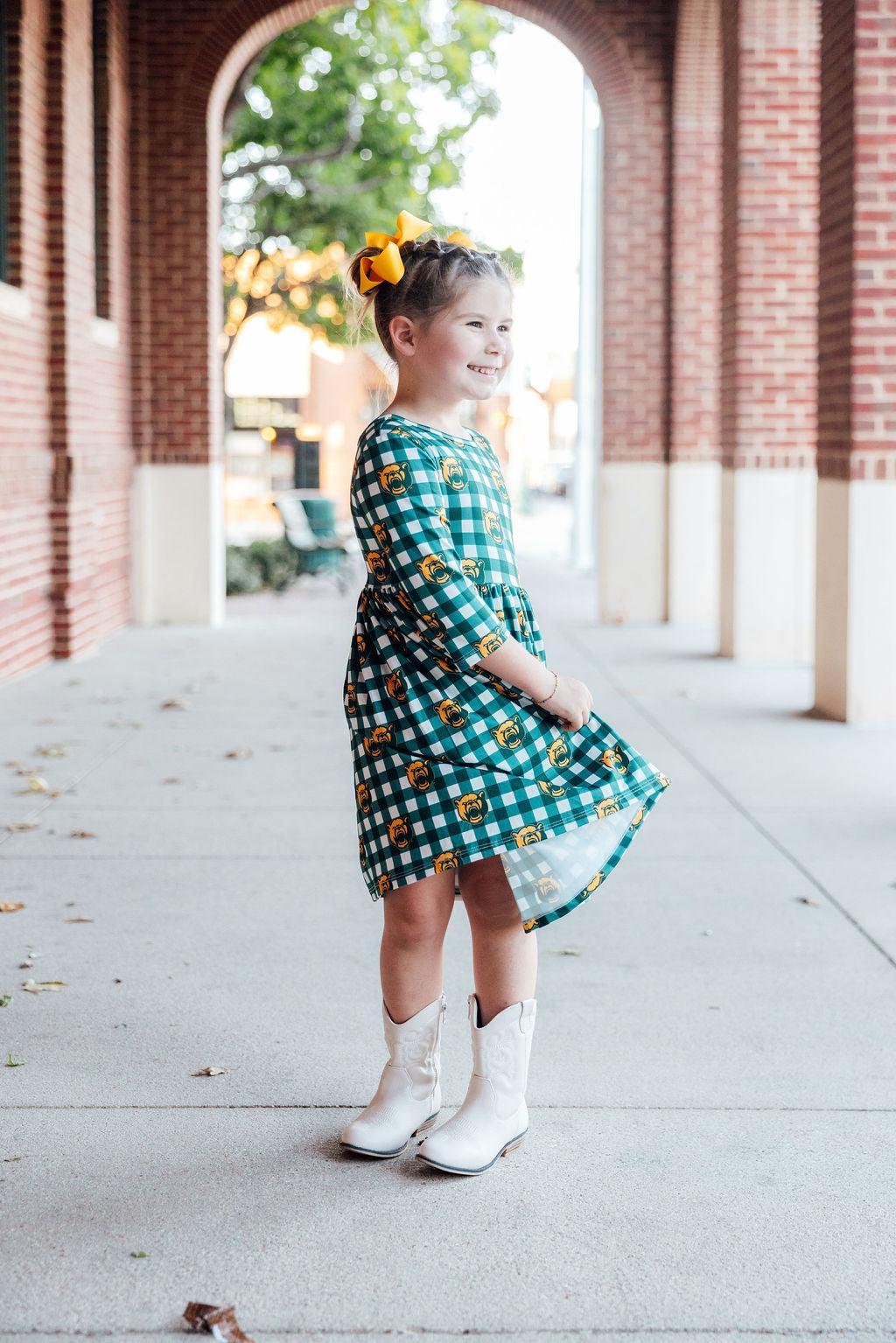 Baylor Plaid Bear 3/4 Sleeve Pocket Twirl Dress 3