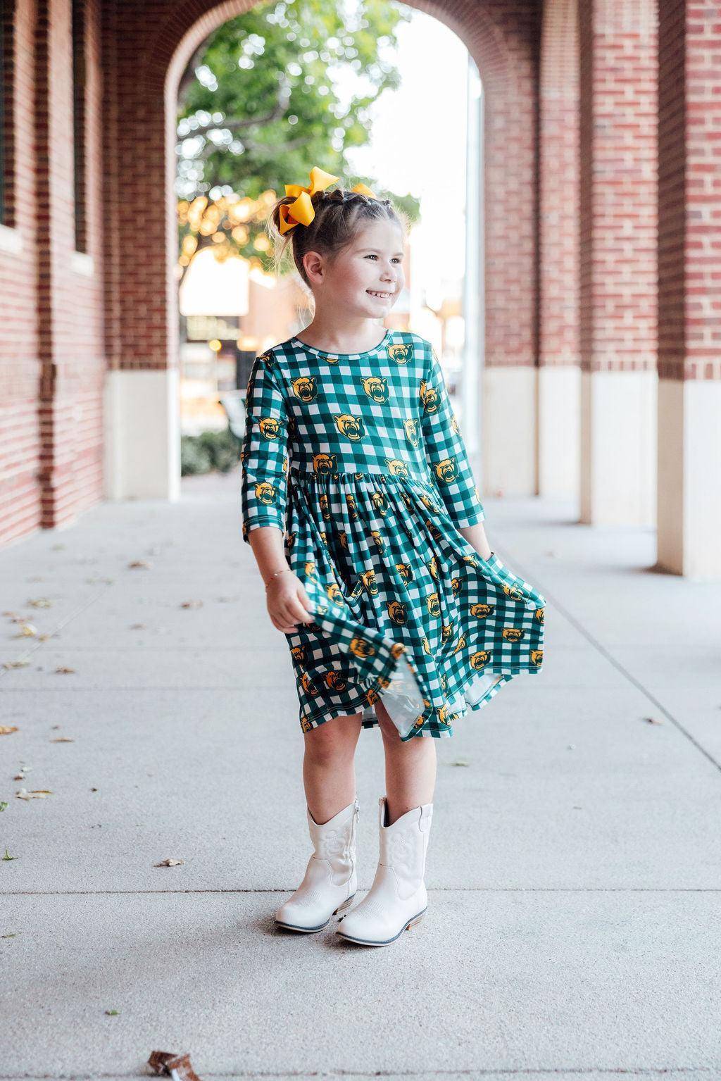 Baylor Plaid Bear 3/4 Sleeve Pocket Twirl Dress 4