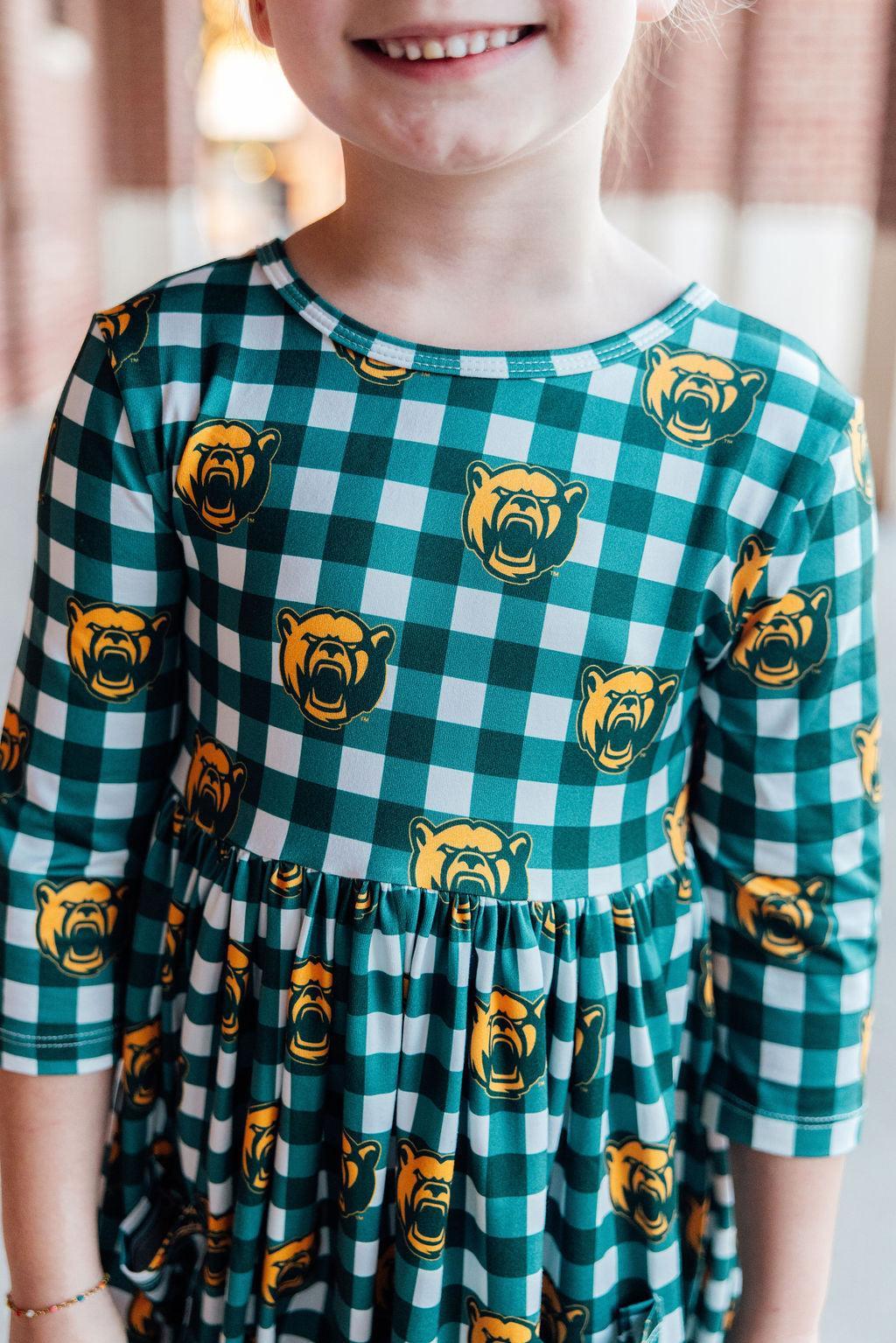 Baylor Plaid Bear 3/4 Sleeve Pocket Twirl Dress 1