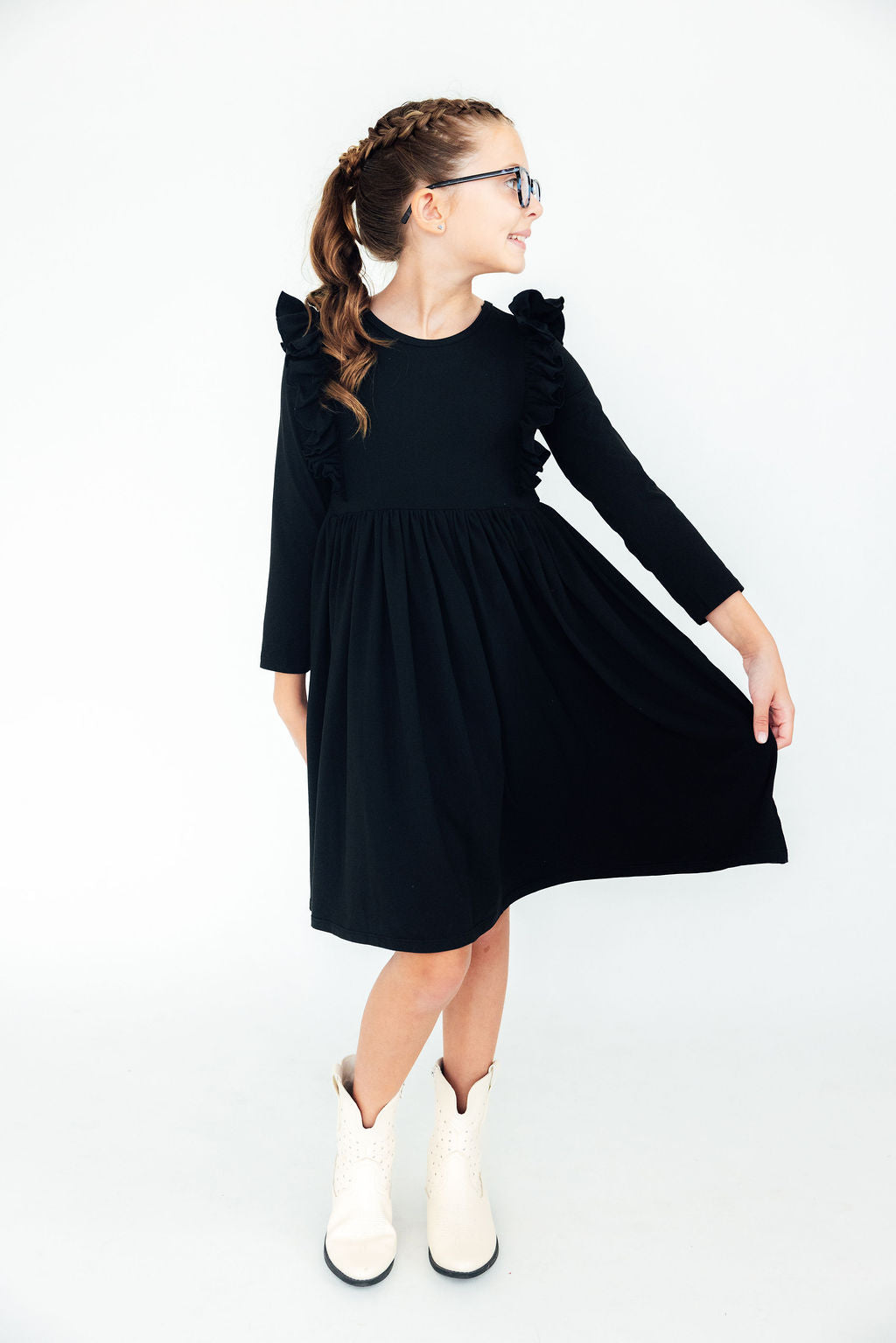 Black L/S Ruffle Twirl Dress 1