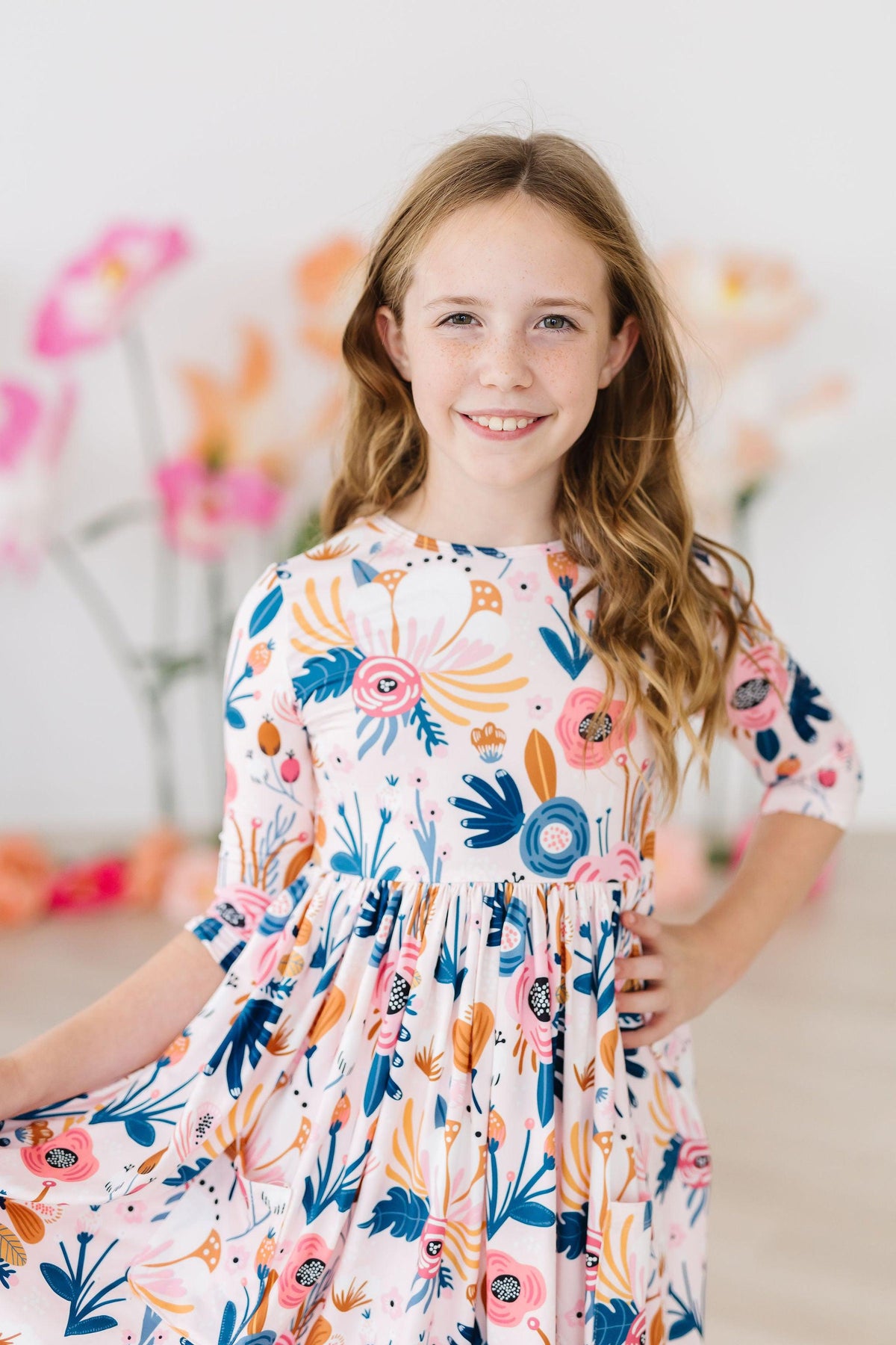 Blush Peony 3/4 Sleeve Pocket Twirl Dress 5