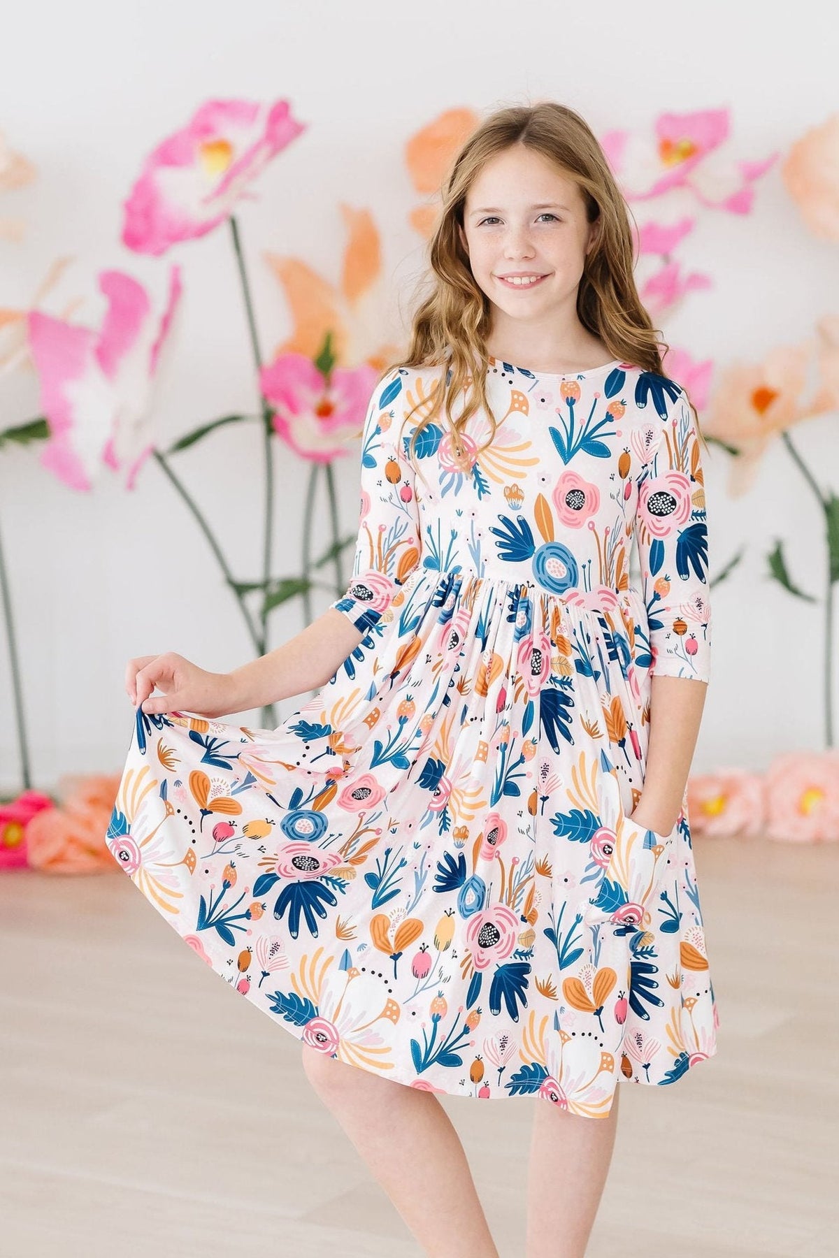 Blush Peony 3/4 Sleeve Pocket Twirl Dress 2