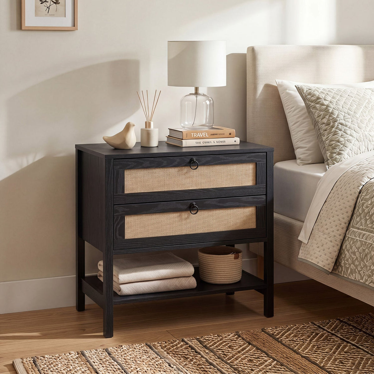 Rattan Nightstand with 2 Drawers and Open Shelf 1