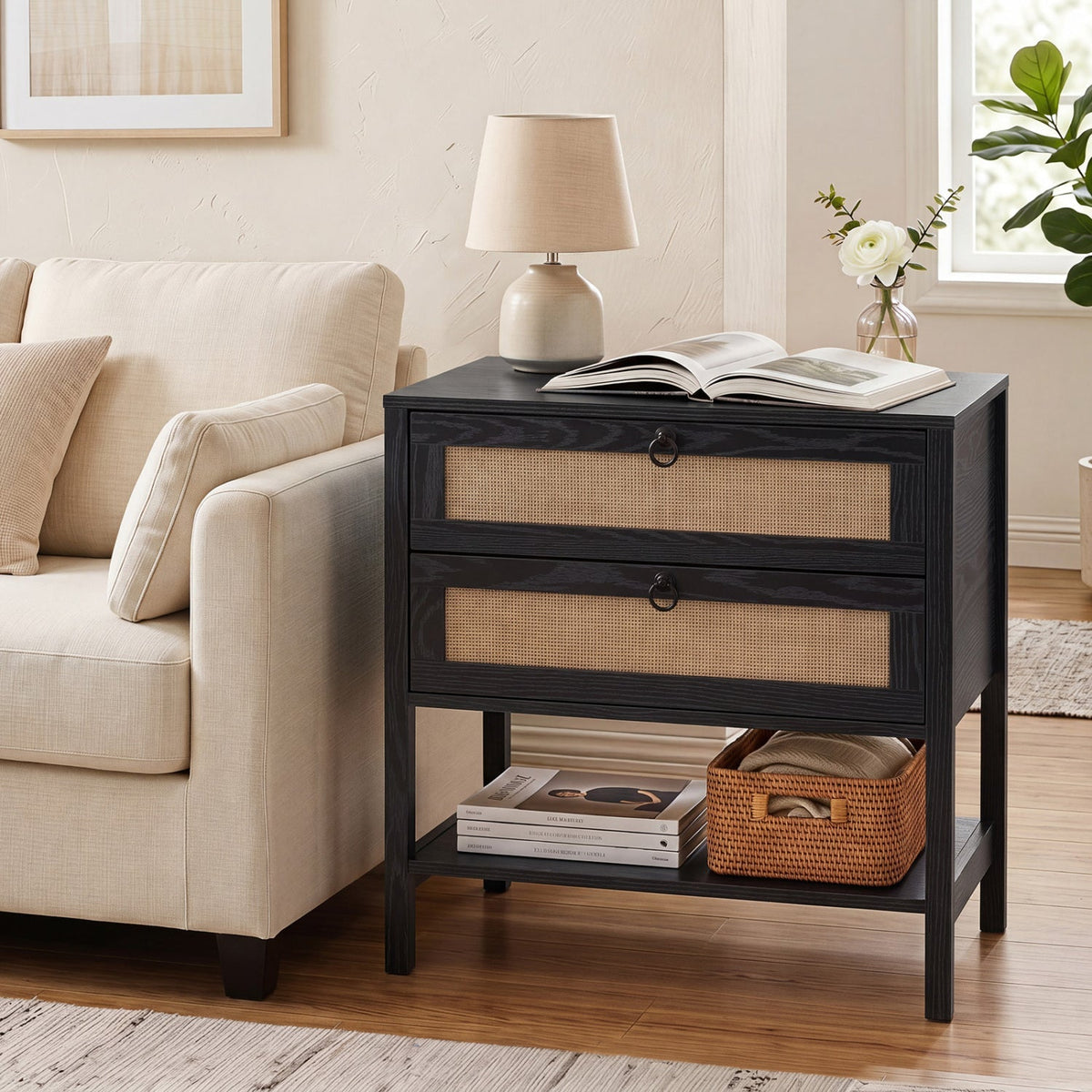 Rattan Nightstand with 2 Drawers and Open Shelf 2