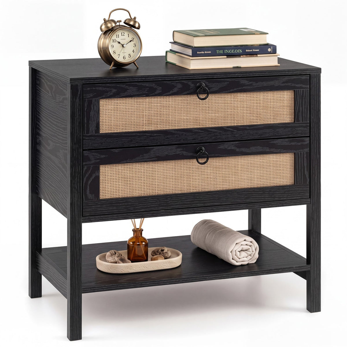 Rattan Nightstand with 2 Drawers and Open Shelf 4
