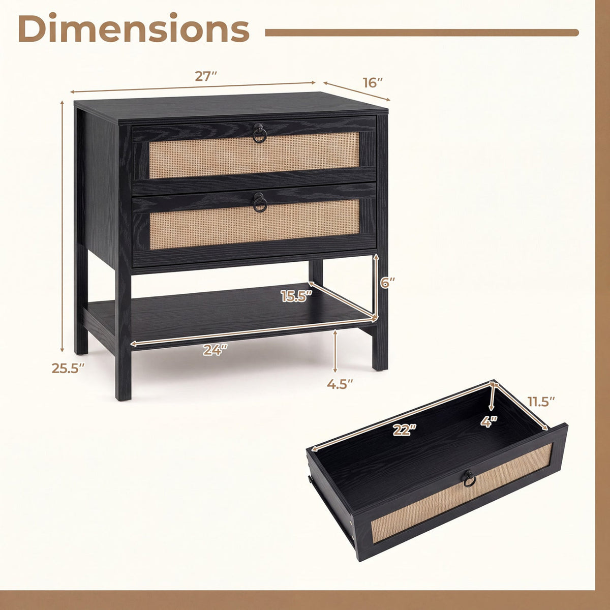 Rattan Nightstand with 2 Drawers and Open Shelf 5
