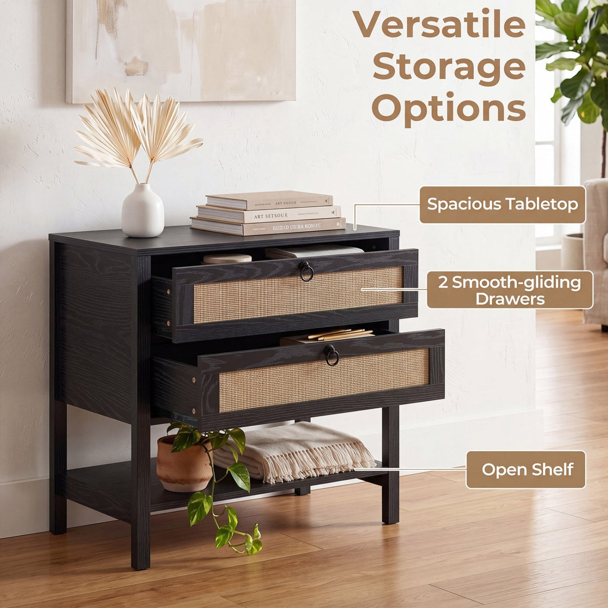 Rattan Nightstand with 2 Drawers and Open Shelf 6