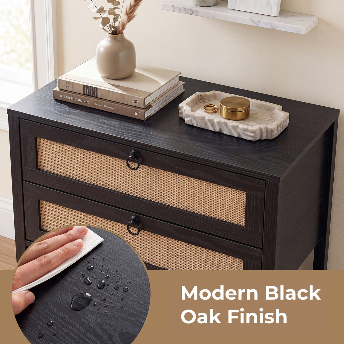 Rattan Nightstand with 2 Drawers and Open Shelf 7