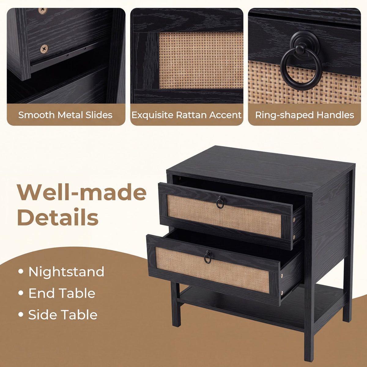 Rattan Nightstand with 2 Drawers and Open Shelf 8