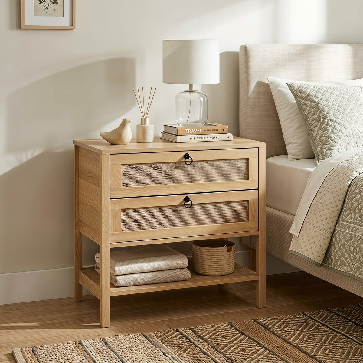 Rattan Nightstand with 2 Drawers and Open Shelf 9