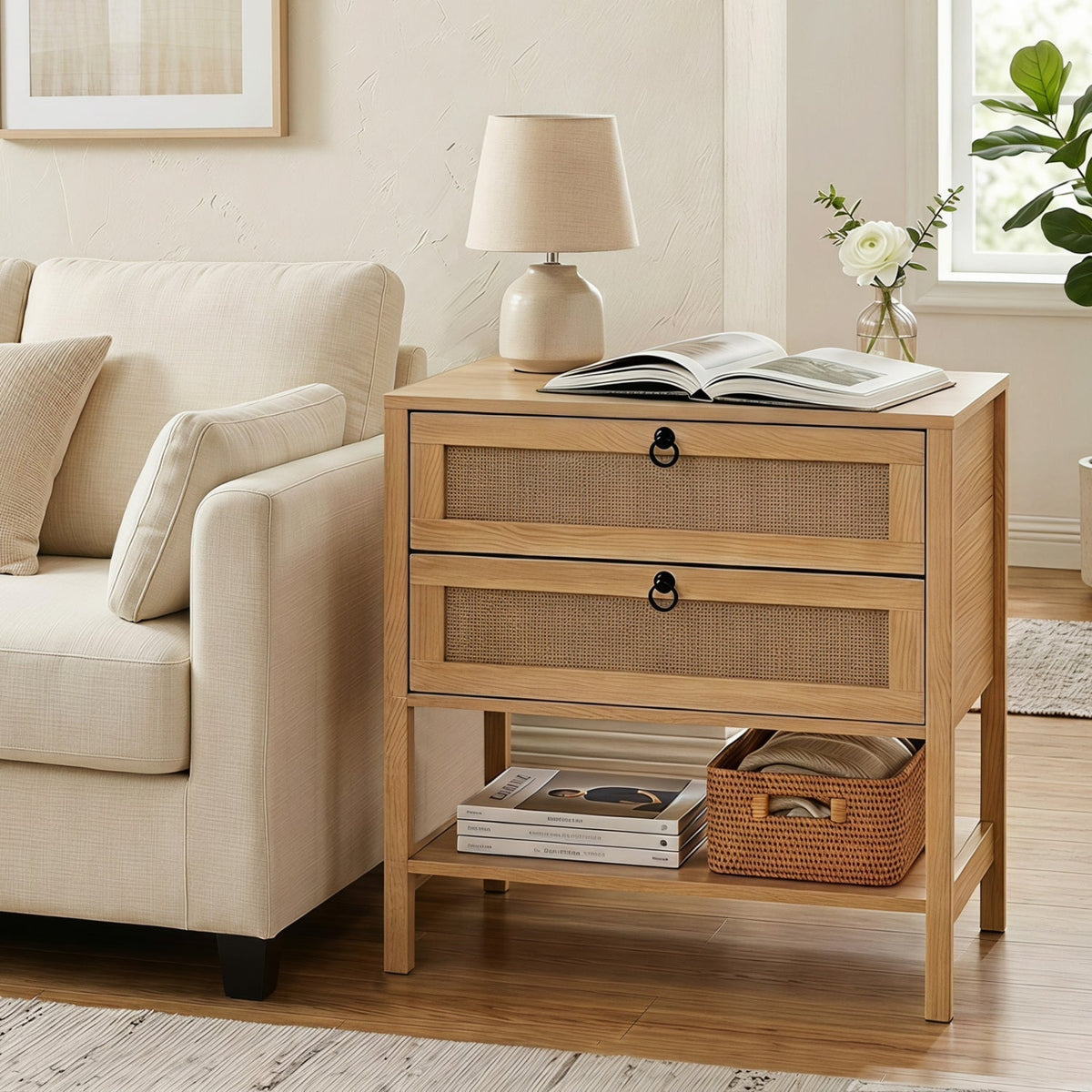 Rattan Nightstand with 2 Drawers and Open Shelf 10