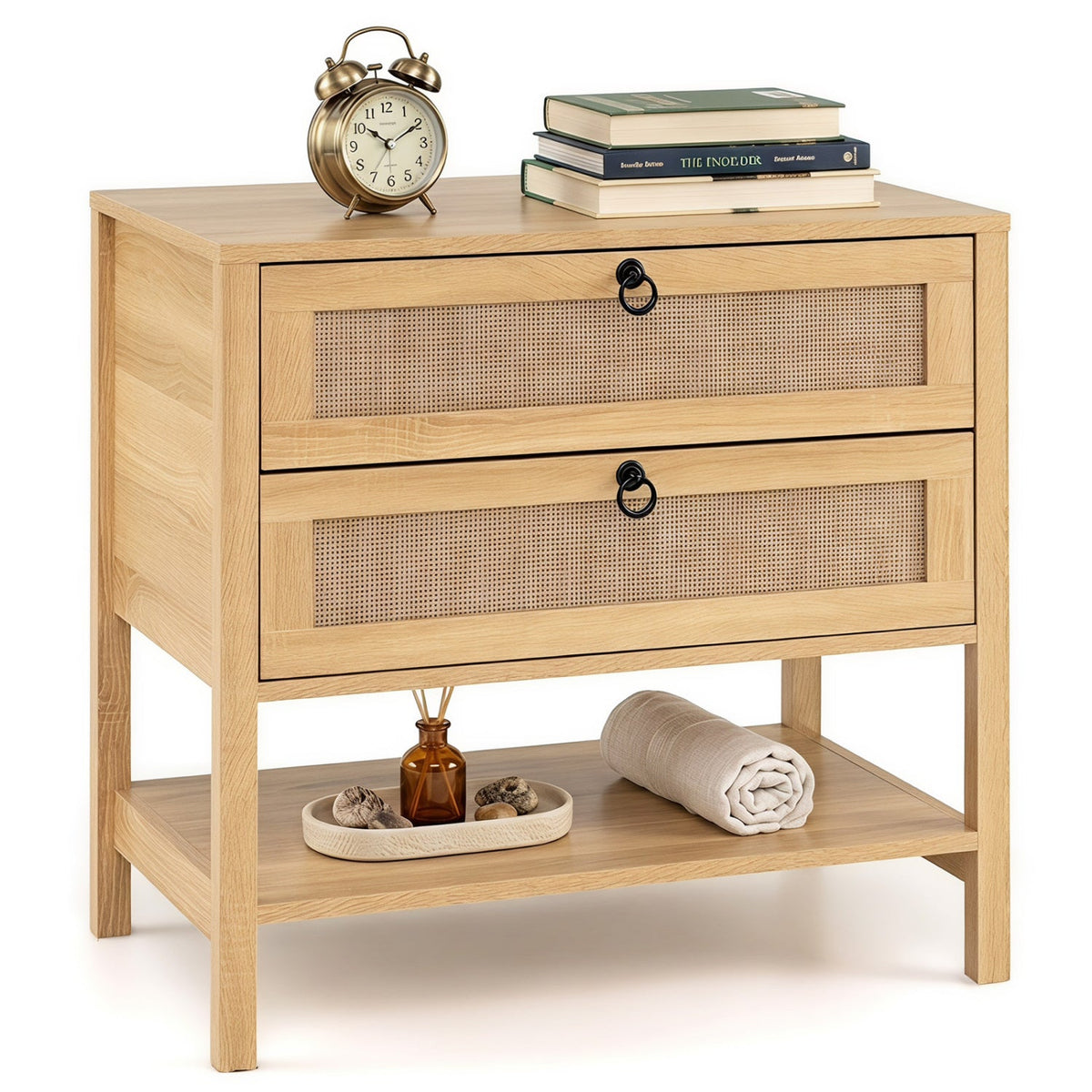 Rattan Nightstand with 2 Drawers and Open Shelf 12