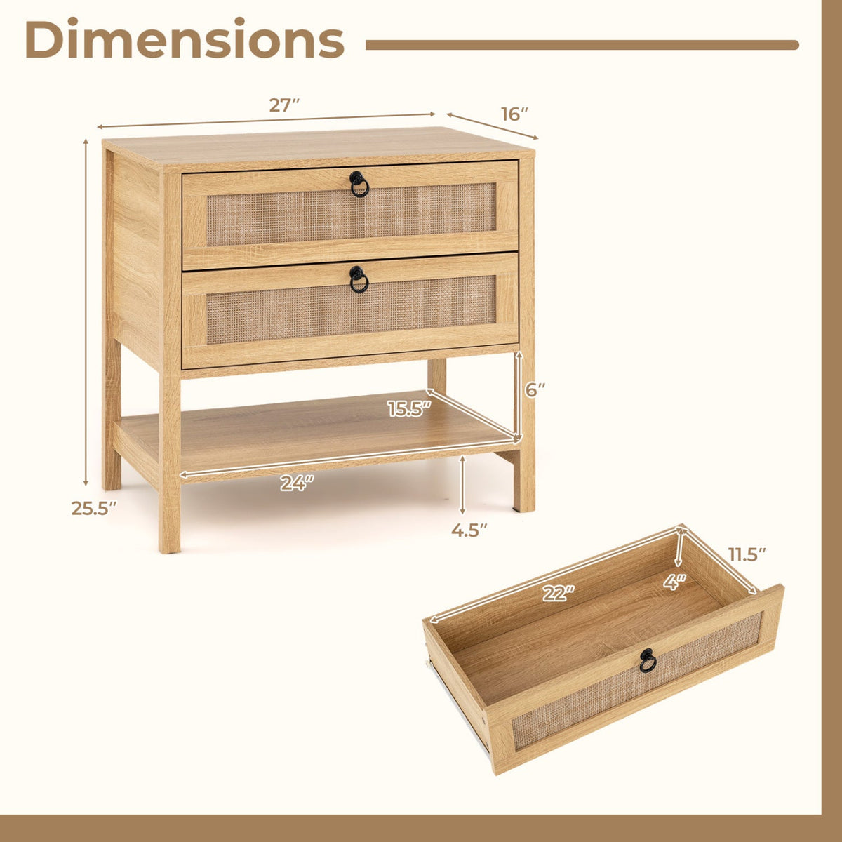 Rattan Nightstand with 2 Drawers and Open Shelf 13