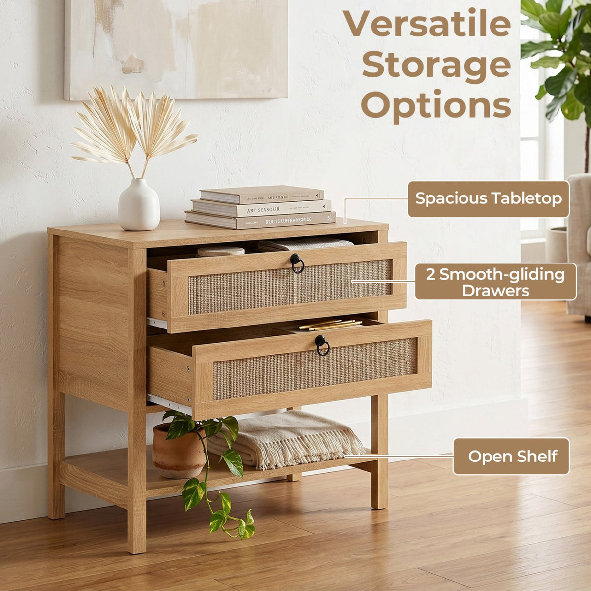 Rattan Nightstand with 2 Drawers and Open Shelf 14