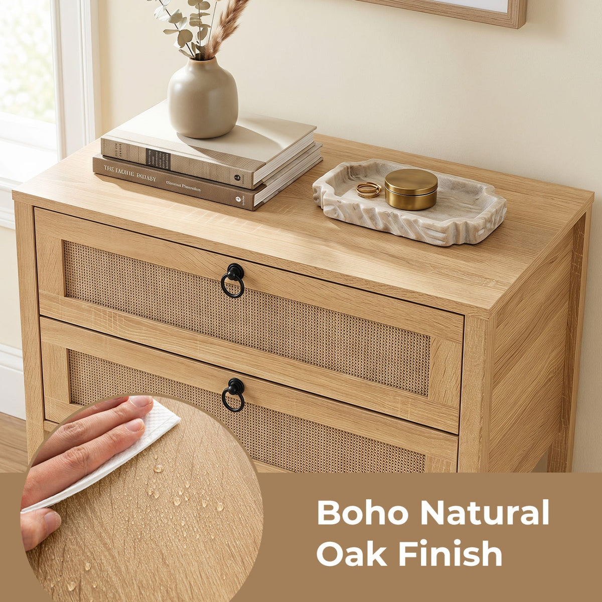 Rattan Nightstand with 2 Drawers and Open Shelf 15